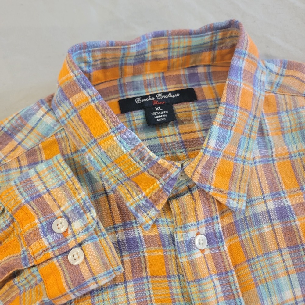 Brooks Brothers Fleece Linen Orange Plaid LS Button Down Shirt See Measuresments